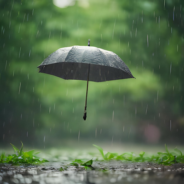 an umbrella is upside down in the rain with the rain falling