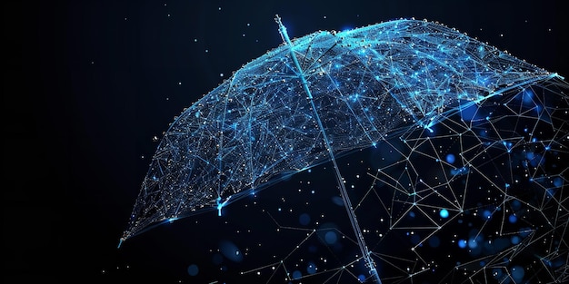 An umbrella kept in a dark technological backdrop with lots of connections lines in it with a big space for text or product Generative AI
