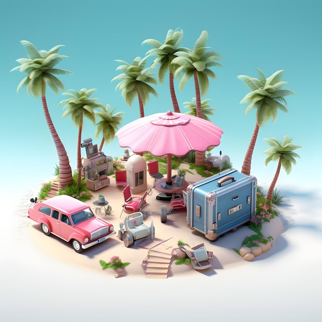 umbrella luggage sunglasses camera and a tropical coconut water isometric 3D game scene