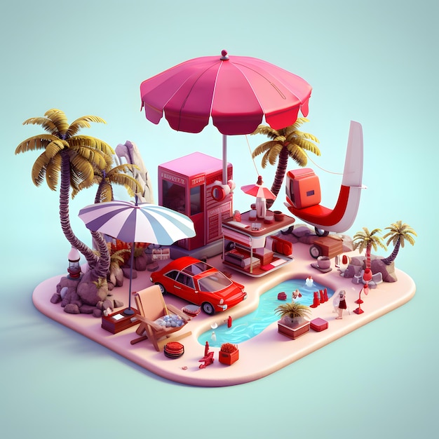 зонтик, багаж, солнцезащитные очки, камера и тропическая кокосовая вода, изометрическая 3D игровая сцена