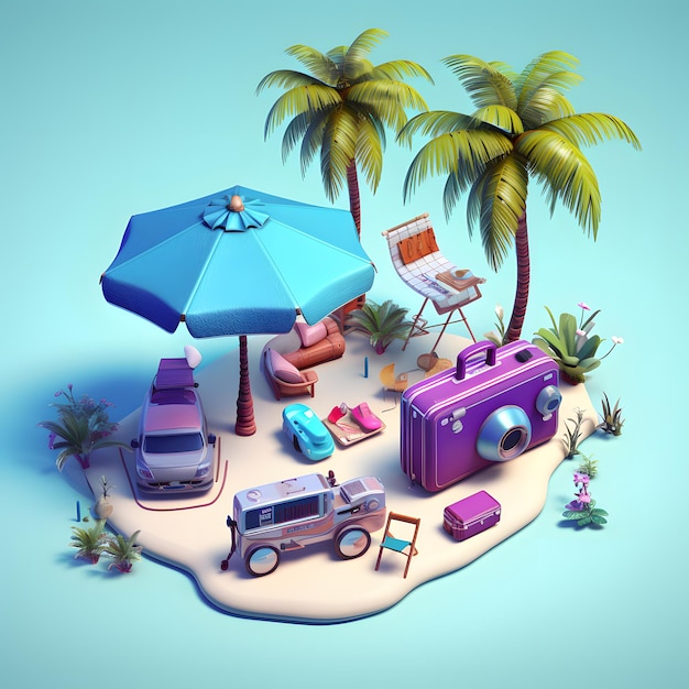 Photo umbrella luggage sunglasses camera and a tropical coconut water isometric 3d game scene