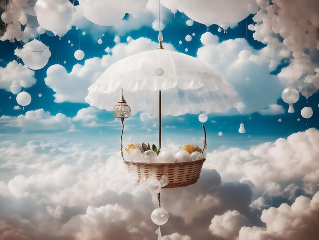 Umbrella picnic basket clouds and balls illustrations art wallpaper