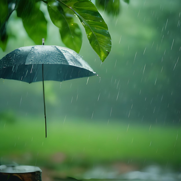 an umbrella in the rain with a green background