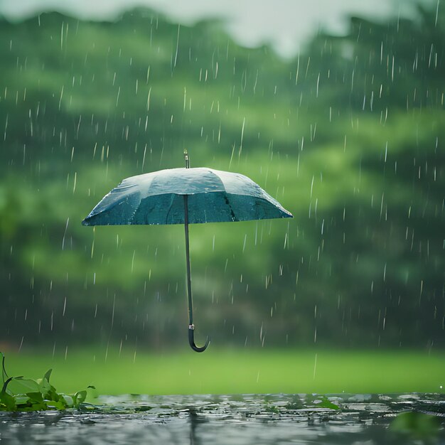 an umbrella in the rain with the rain falling on it