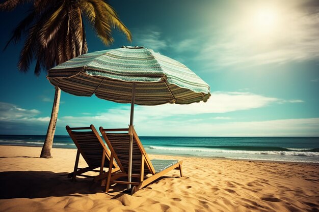 Umbrella and sun lounger on the beach and a palm tree