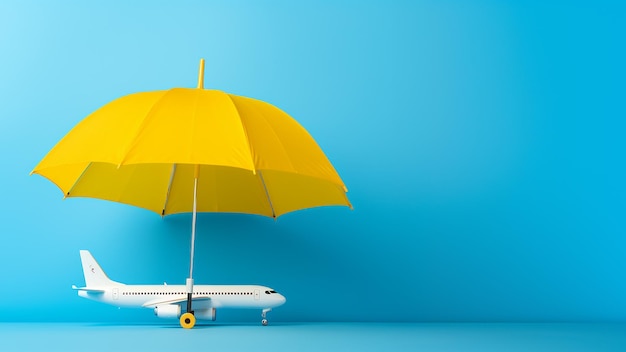 Зонтик и игрушечный самолет представляют собой туристическую страховку, защищающую поездки, как щит от дождя.