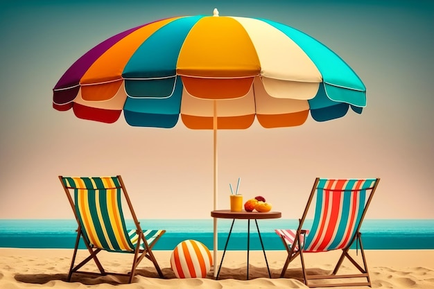 물가에서 일광욕을 즐길 수 있는 해변의 우산과 의자 2개