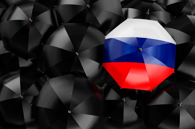 Umbrella with Russian flag among black umbrellas 3D rendering