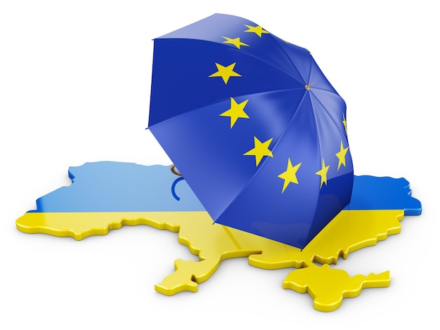 写真 ウクライナの地図上の欧州連合の旗をイメージした傘3dレンダリング