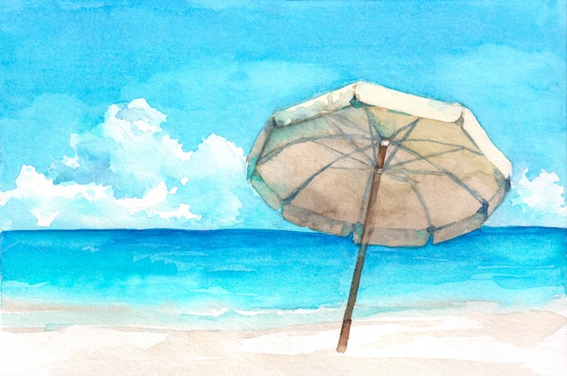 Umbrella on the wonderful tropical beach. watercolor hand drawn illustration