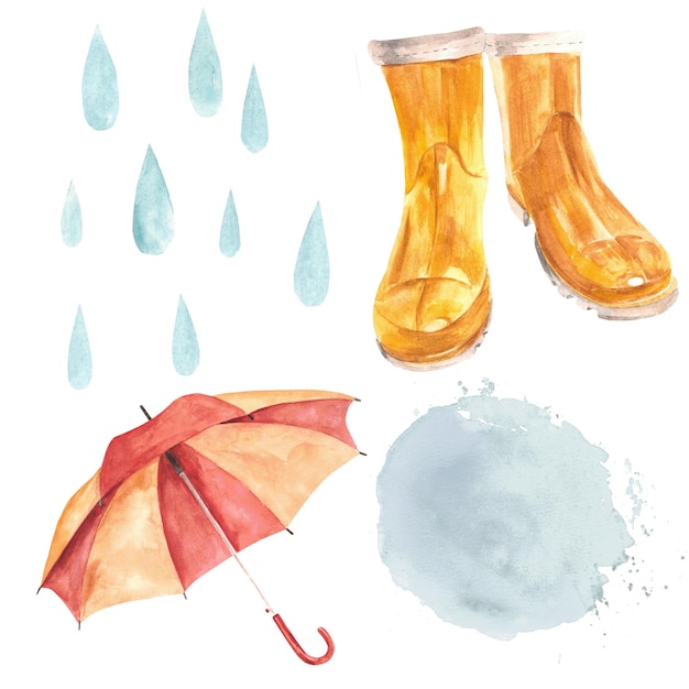 Зонт и желтые резиновые сапоги Брызги и капли дождя Акварельная иллюстрация Изолировать