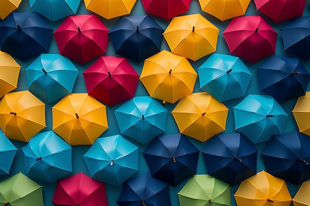 写真 色とりどりのパターンを形成する一列の傘