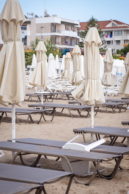 Umbrellas and sun loungers in the assembled state on the beach