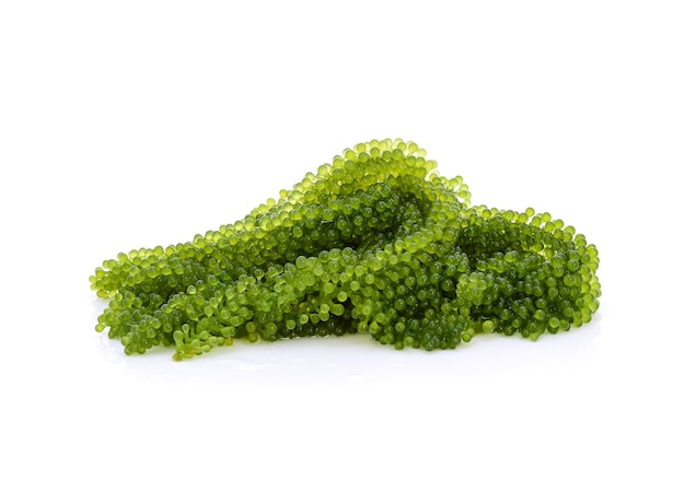 Umi-budou, druivenzeewier of groene die kaviaar op wit wordt geïsoleerd