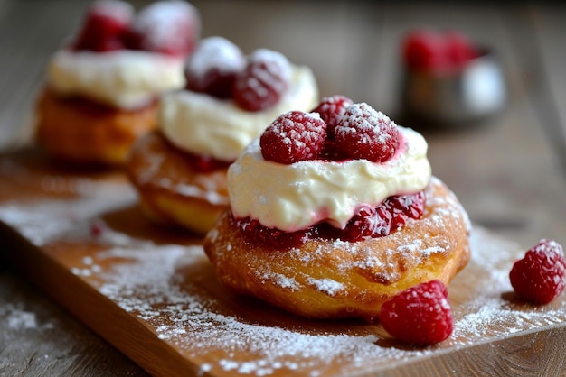 Foto un beignet rond fourr crme coco et enrobe de confiture de framboises et de morceaux de framboise