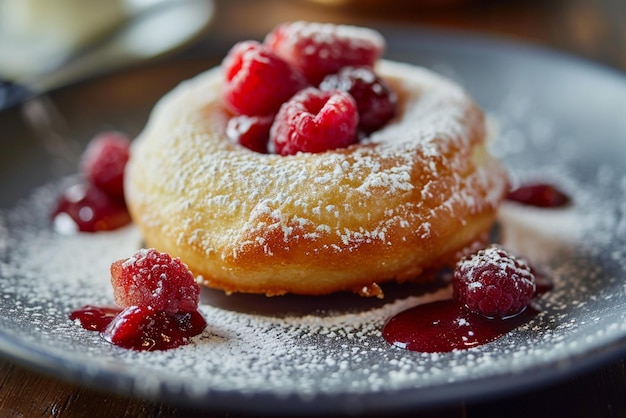 un beignet rond fourr crme coco et enrobe de confiture de framboises et de morceaux de framboise (버그넷 론드 푸르 크림 코코와 프랜보이즈 조각과 프랜보아즈 조각)