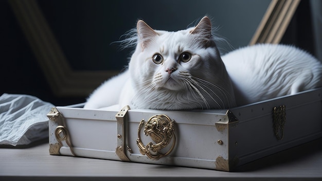 un gato blanco en una caja con adornos