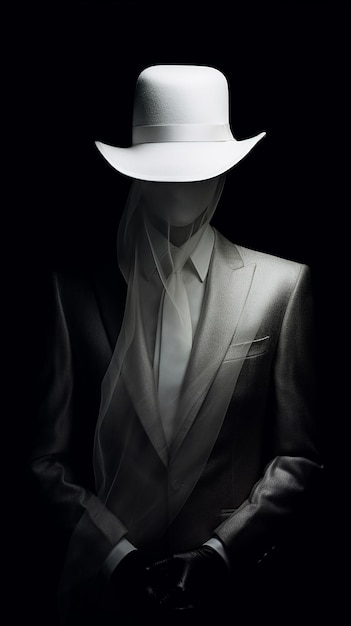 Photo un homme en costume blanc et chapeau avec le mot anonyme dessus