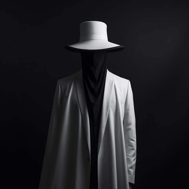 Фото un homme en costume blanc et chapeau avec le mot anonyme dessus (человек в белом костюме и шляпе с анонимной одеждой)