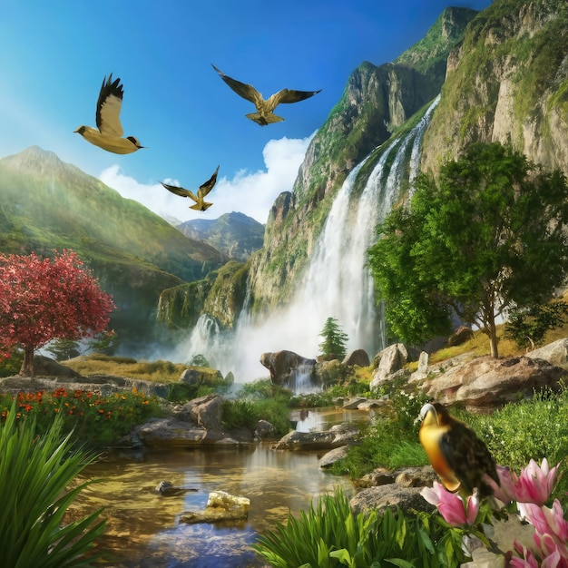 Photo un paisaje con una cascada dorada sobre las montaas y aves de color dorado volando con flores