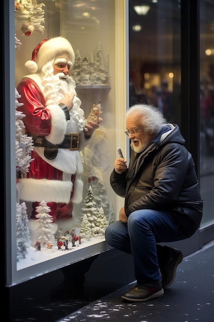 Foto un pre noel avec un dans sa hotte sur grimpe sur la vitrine d'une agence immobiliire