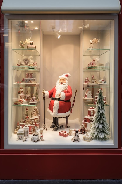 Photo un pre noel avec un dans sa hotte sur grimpe sur la vitrine d'une agence immobiliire