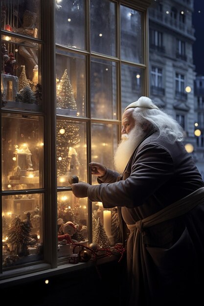 Photo un pre noel avec un dans sa hotte sur grimpe sur la vitrine d'une agence immobiliire