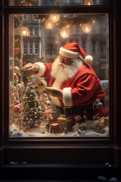 Un pre noel avec un dans sa hotte sur grimpe sur la vitrine d'une agence immobiliire