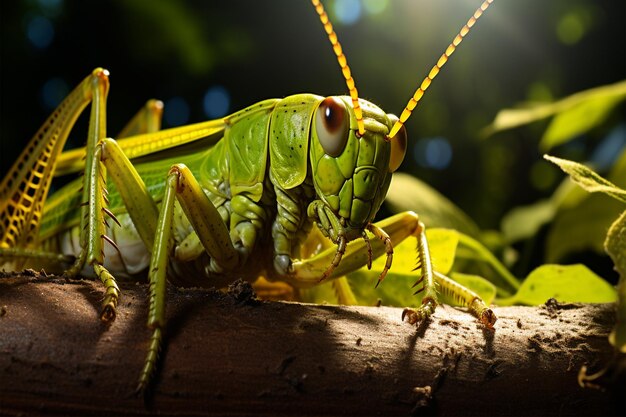 Photo un saltamontes se sienta en una hoja verde