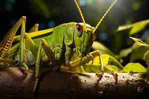 Photo un saltamontes se sienta en una hoja verde