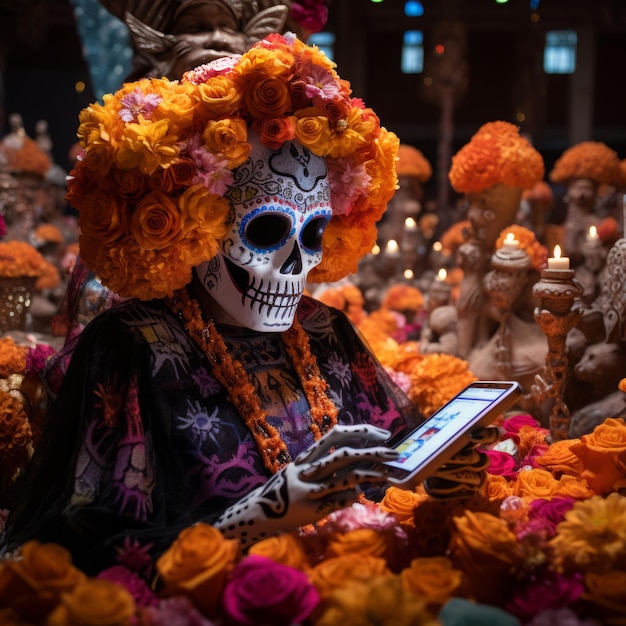 Una celebracion magica del Dia de los Muertos Flores de magentas y cian en un altar con iconos de