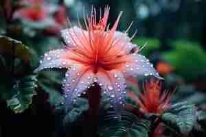 Photo una flor roja con gotas de lluvia