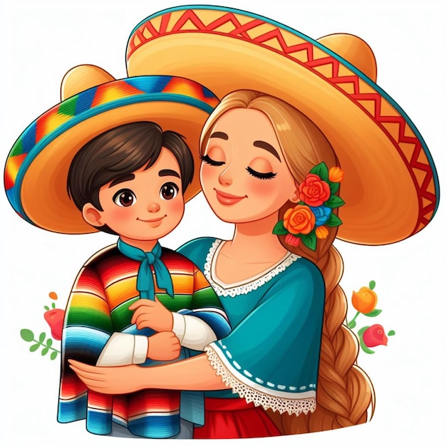 Una mama con su hijo con vestimenta mexicana