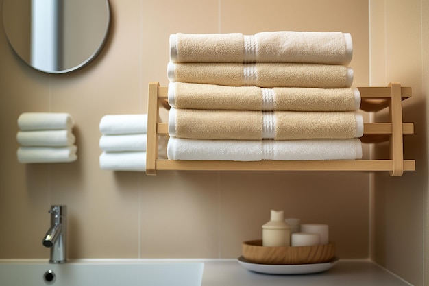 Photo unadorned towel rack holding neatly folded plush towels generative ai