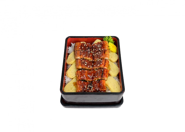 Unagi don or Japanese ell grilled with kabayaki sauce and tamago in bento