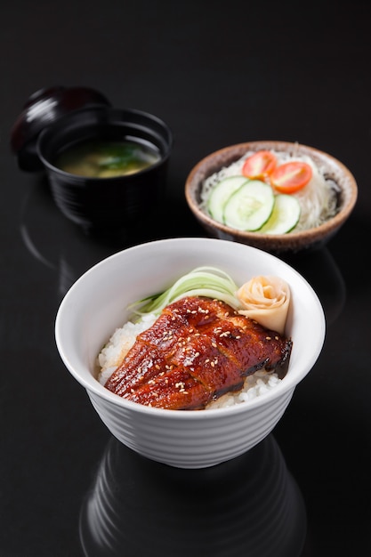 Unagi Don with Miso Soup and Salad