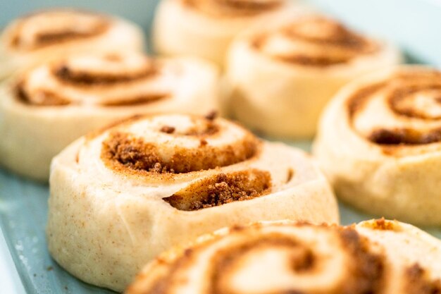 Unbaked cinnamon rolls in a blue baking pan.