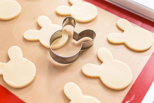 Photo unbaked sugar cookies on a baking sheet.