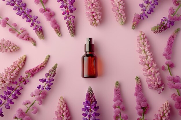 Unbranded brown perfume bottle with pink lupin flowers mockup