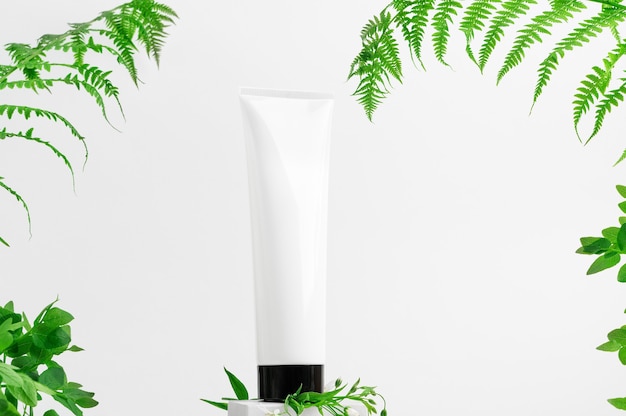 Unbranded container on pedestal. Flacon for lotion, toiletry. Forest fern leaves on light background. Tube for cosmetics. Mockup style, copy space. Eco-friendly and beauty concept. Isolated on white.