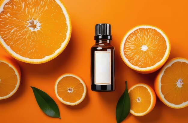 Unbranded essence oil bottle on orange background with citrus slices mockup for cosmetic products