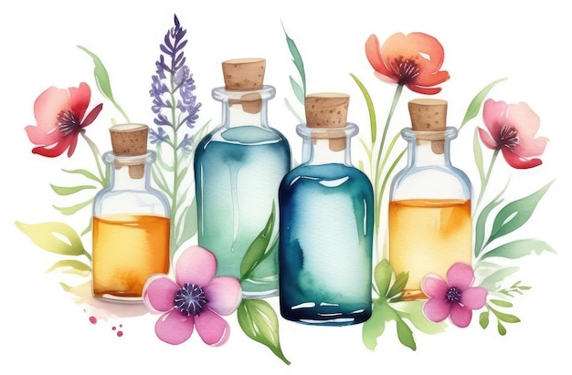 Foto bottiglie di olio essenziale senza marchio con fiori sullo sfondo illustrazione ad acquerello