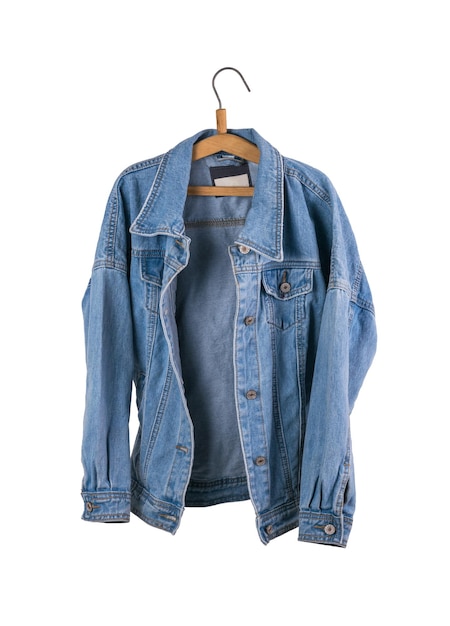 Unbuttoned denim jacket on a hanger isolated on a white background