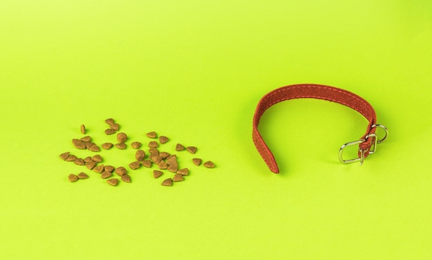 An unbuttoned dog collar and dry food on a green background