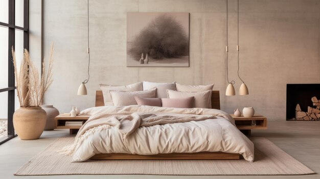 Premium Photo An uncluttered bedroom with fluffed pillows and a warm Premium Photo An uncluttered bedroom with fluffed pillows and a warm