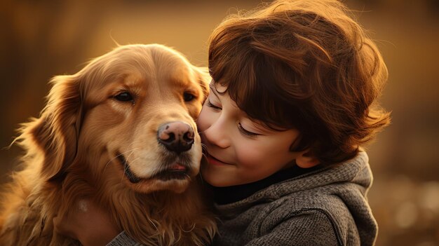 Foto amore incondizionato una scena commovente di un ragazzino che condivide un bacio amorevole con il suo adorabile cane catturando il puro legame di amicizia