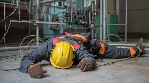 Photo unconscious electro shock accident victimized an electric worker accidental electric shock causes an electrician to lose consciousness at work generative ai