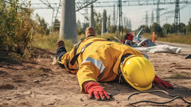 Unconscious electro shock accident victimized an electric worker Accidental electric shock causes an electrician to lose consciousness at work Generative AI