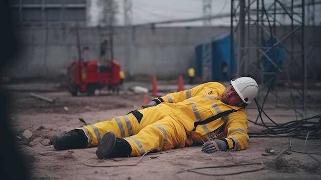 Foto incidente da elettroshock incosciente che ha colpito un lavoratore elettrico una scossa elettrica accidentale fa perdere conoscenza a un elettricista sul lavoro ia generativa