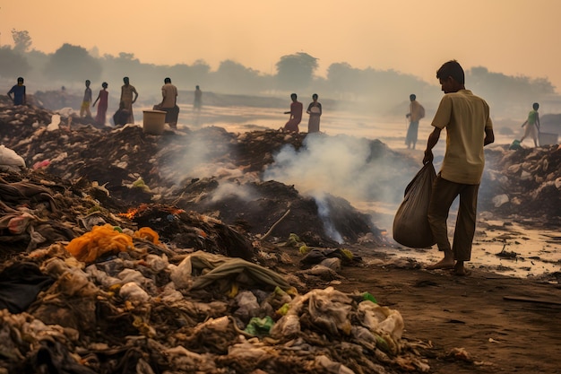 통제되지 않은 오염: 인도의 거리에서 쓰레기 매립지 환경 문제: 분해되지 않는 플라스틱으로의 오염: 거리에 있는 거대한 쓰레기 어리